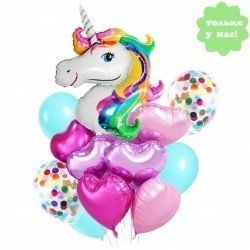 Букет из шаров с гелием Единорог и конфетти