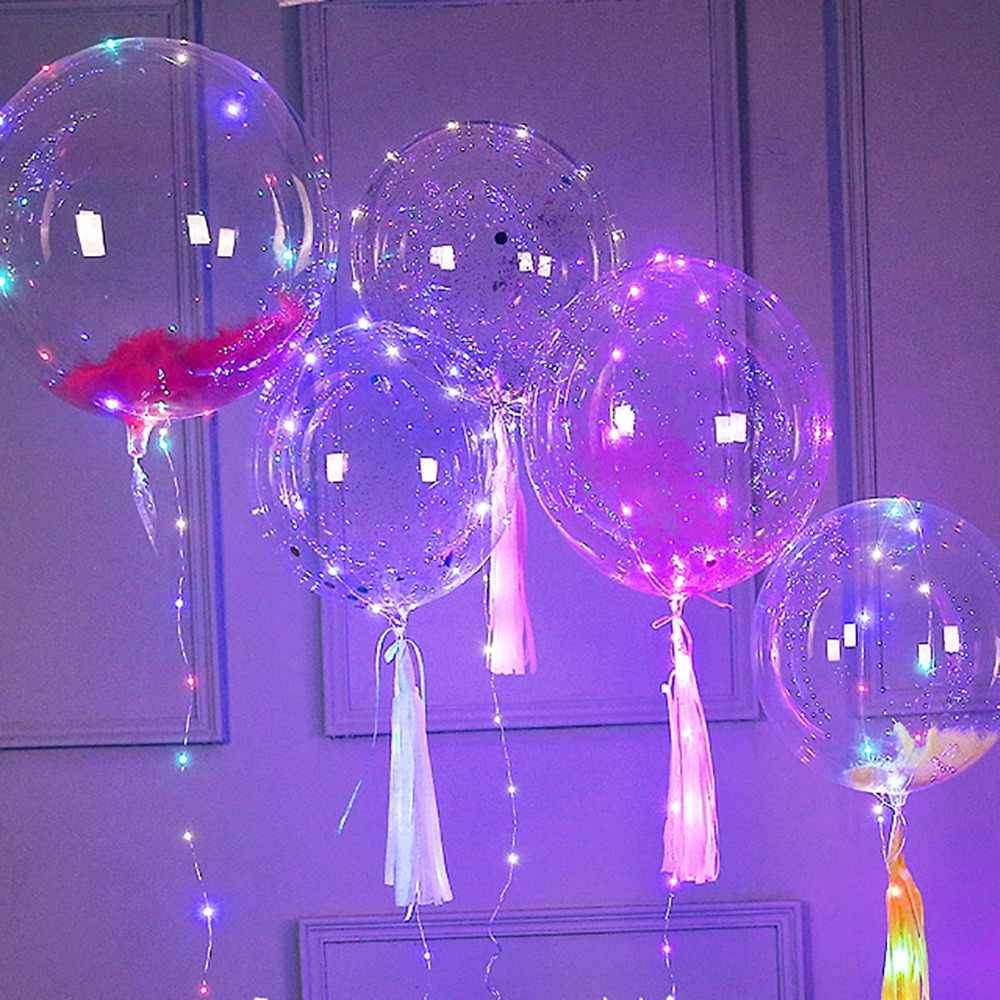 Светящиеся Шары Bubble (Баблс-Бобо) с гелием, перьями и светящейся лентой 